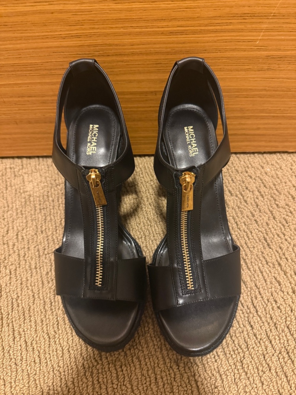 Michael Kors Black Leather T-Strap Wedge Sandals with Gold Zipper NEVER WORN - Picture 2 of 3